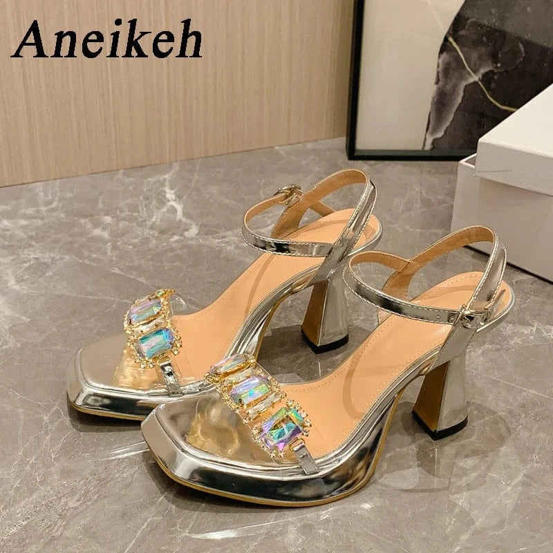 Buckle Strap Summer Fashion Spike Heels  Party Head Square Toe PVC Crystal Bling Women Fashion High Heel Stiletto Sandals Shoes
