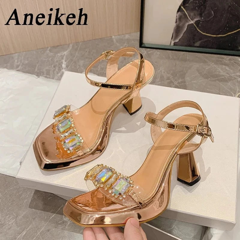 Buckle Strap Summer Fashion Spike Heels  Party Head Square Toe PVC Crystal Bling Women Fashion High Heel Stiletto Sandals Shoes