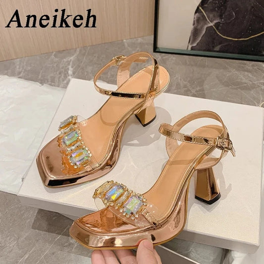 Buckle Strap Summer Fashion Spike Heels  Party Head Square Toe PVC Crystal Bling Women Fashion High Heel Stiletto Sandals Shoes
