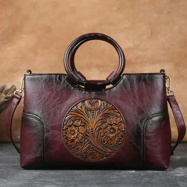 Burgundy 2023 New High Quality Leather Women Handbag Retro Handmade Embossed Shoulder Bag For Women Large Capacity Female Messenger Bags