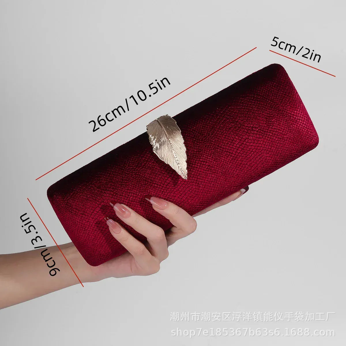 Burgundy / 9-26-5cm 2025 Luxury Velvet Evening Clutch Bag Crystal Leaf Clasp Chain Handheld Purse for Gala Dinners Weddings Cocktail Parties