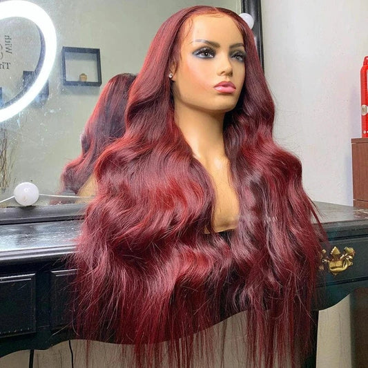 Burgundy Red Color Body Wave Cuticle Aligned Human Hair Transparent Lace Front Wigs for Women