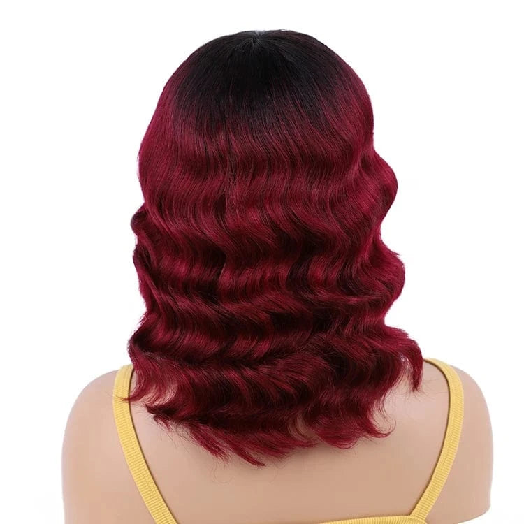 Burgundy Red Wig with Bang, 100% Human Hair Wigs For Black Women, Full Machine Made  Lace Front Wigs Short Wavy Human Hair Wig