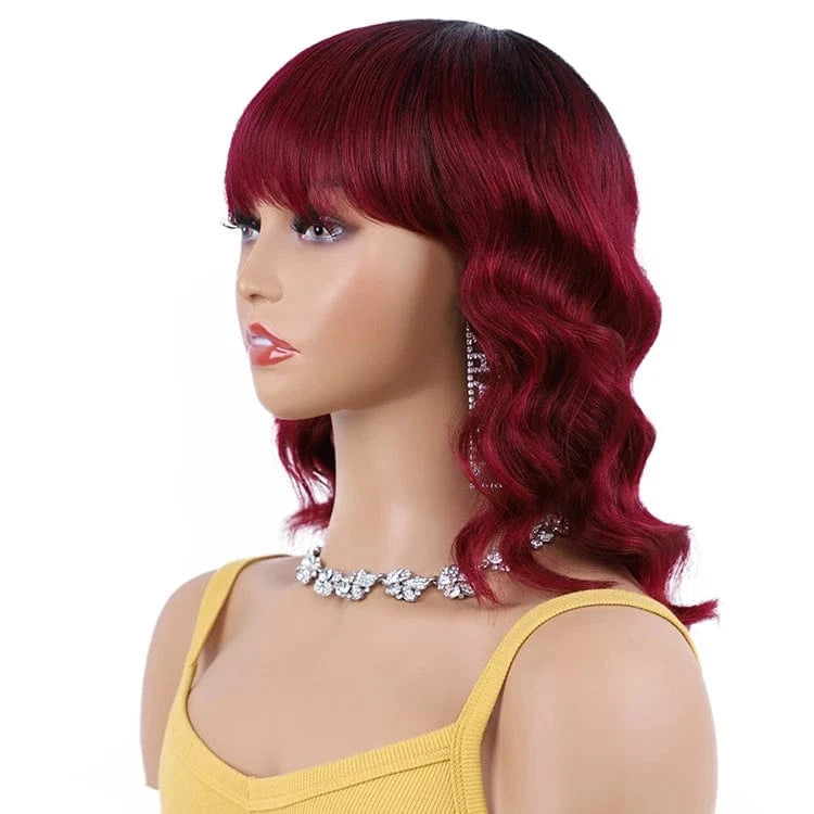 Burgundy Red Wig with Bang, 100% Human Hair Wigs For Black Women, Full Machine Made  Lace Front Wigs Short Wavy Human Hair Wig