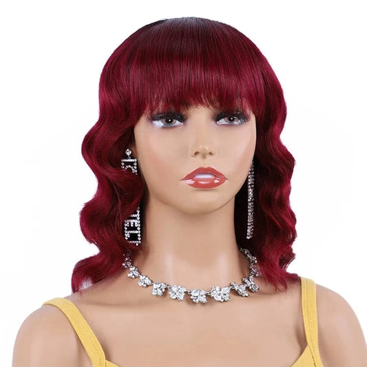 Burgundy Red Wig with Bang, 100% Human Hair Wigs For Black Women, Full Machine Made  Lace Front Wigs Short Wavy Human Hair Wig
