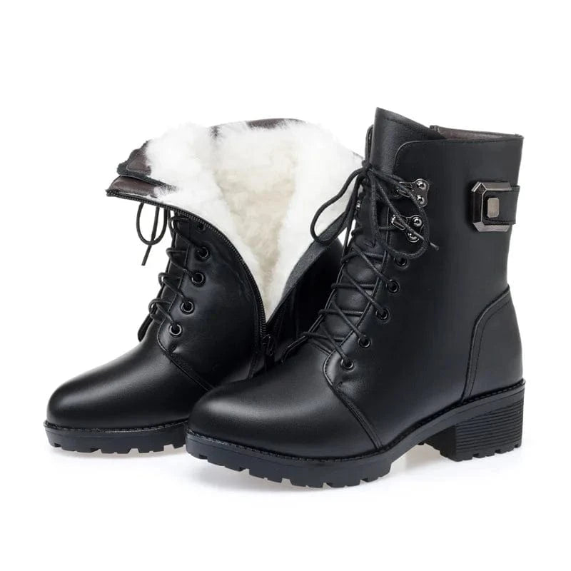 BUSY GIRL black genuine leather ankle boots women wool winter short mid-calf thick soled chunky high Heels snow ladies shoes