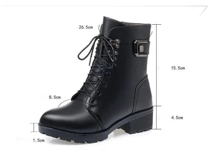 BUSY GIRL black genuine leather ankle boots women wool winter short mid-calf thick soled chunky high Heels snow ladies shoes