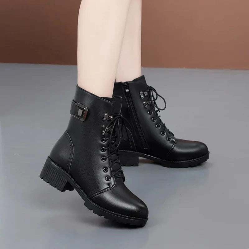 BUSY GIRL black genuine leather ankle boots women wool winter short mid-calf thick soled chunky high Heels snow ladies shoes