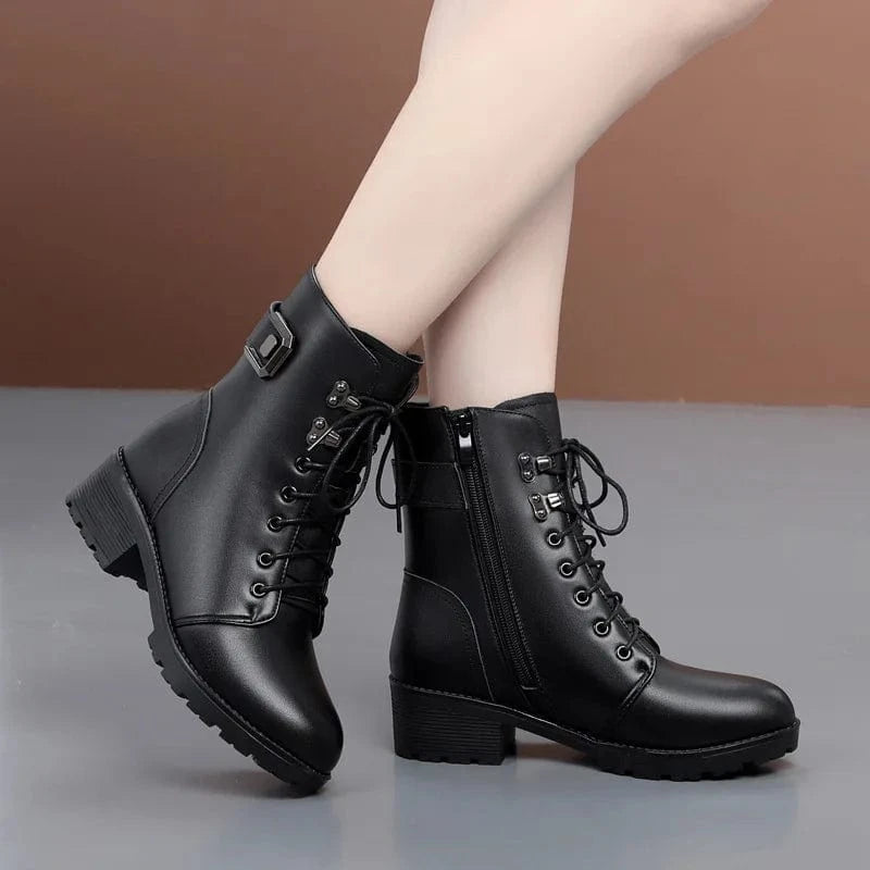 BUSY GIRL black genuine leather ankle boots women wool winter short mid-calf thick soled chunky high Heels snow ladies shoes