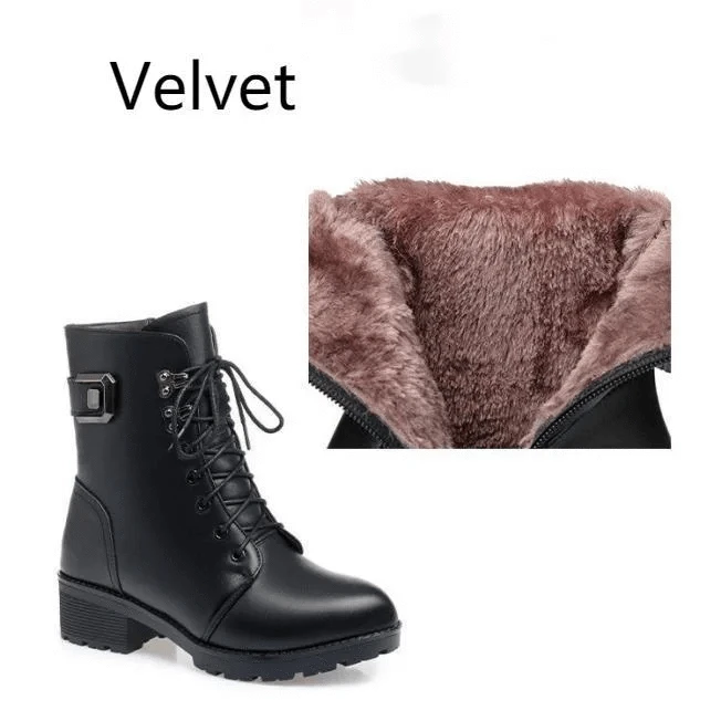 BUSY GIRL black genuine leather ankle boots women wool winter short mid-calf thick soled chunky high Heels snow ladies shoes