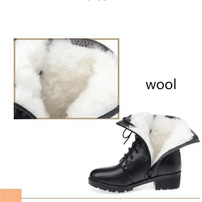 BUSY GIRL black genuine leather ankle boots women wool winter short mid-calf thick soled chunky high Heels snow ladies shoes