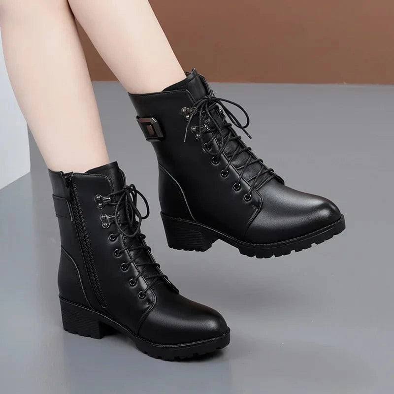 BUSY GIRL black genuine leather ankle boots women wool winter short mid-calf thick soled chunky high Heels snow ladies shoes