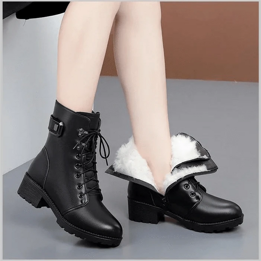 BUSY GIRL black genuine leather ankle boots women wool winter short mid-calf thick soled chunky high Heels snow ladies shoes