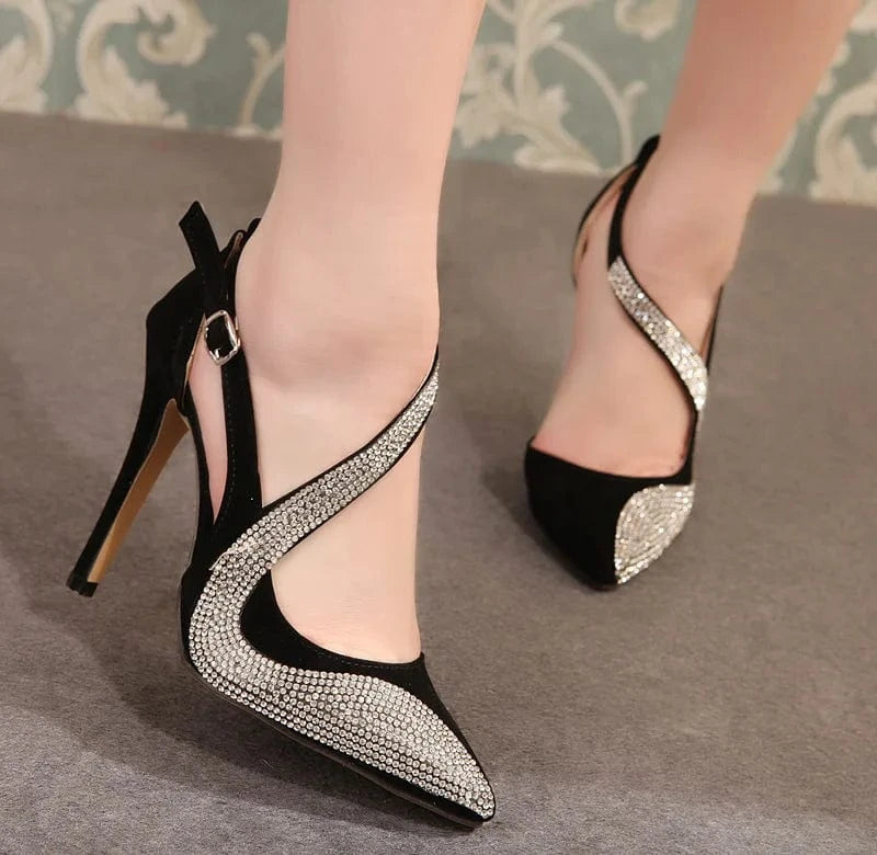 BUSY GIRL BQJL4877 Women fashion rhinestone pointed toe ankle strap hollow stiletto high heels, women's pumps shoes