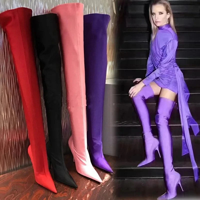 BUSY GIRL CHT2215 women boots fashion high heel pointed toe nightclub runway show legging stretch over the knee thigh high boots
