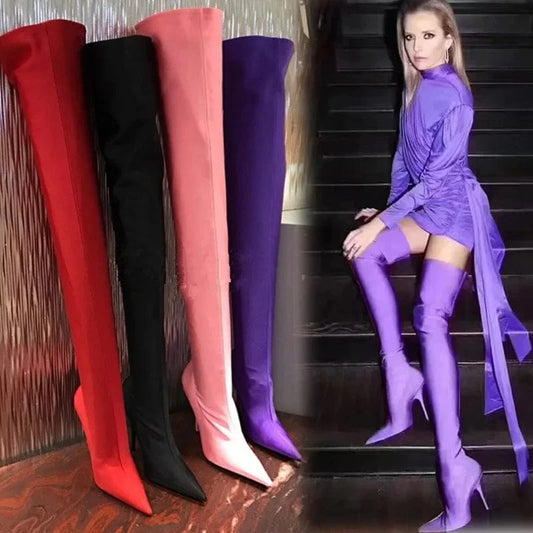 BUSY GIRL CHT2215 women boots fashion high heel pointed toe nightclub runway show legging stretch over the knee thigh high boots