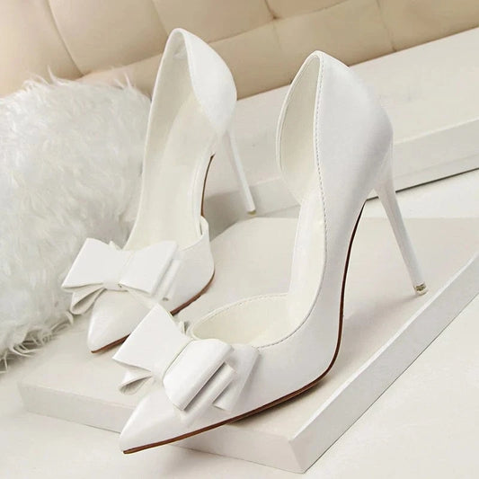 BUSY GIRL DS2161 White stiletto heel pointed toe high heels pumps dress shoes wtih bow bridal d'orsay pump shoes for women