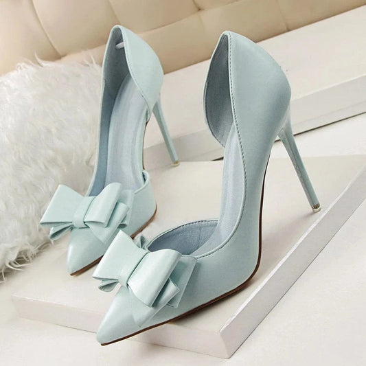 BUSY GIRL DS3004 Women Pumps Bow Knot High Stiletto Heel Pumps Pointed Toe Side Hollow Sexy Shoes
