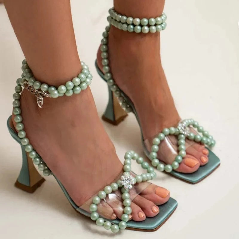 BUSY GIRL FL3014 New Style 2022 Women Heels Stiletto Square Toe High-Heeled Sandals Sexy Pearl Large Size Heels
