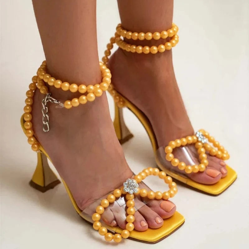 BUSY GIRL FL3014 New Style 2022 Women Heels Stiletto Square Toe High-Heeled Sandals Sexy Pearl Large Size Heels