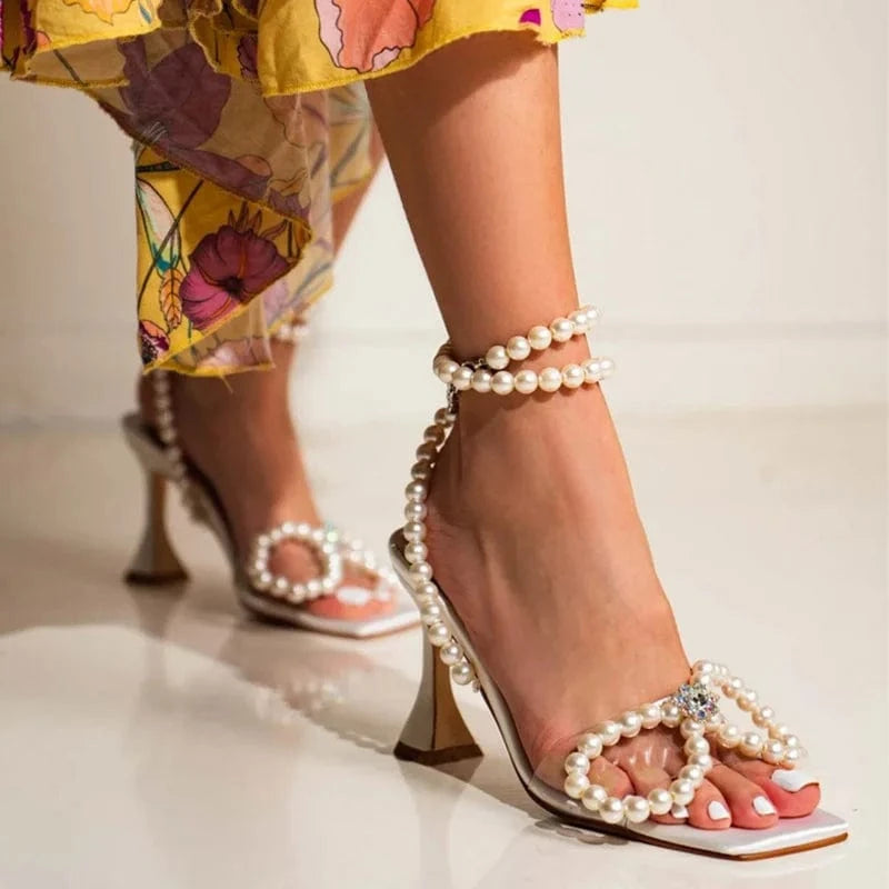 BUSY GIRL FL3014 New Style 2022 Women Heels Stiletto Square Toe High-Heeled Sandals Sexy Pearl Large Size Heels
