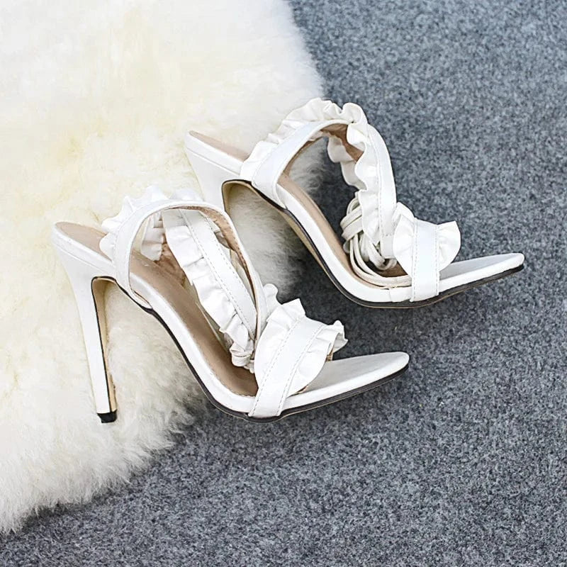 BUSY GIRL Heeled Sandals For Women White Ruffled Edge High Heels for Ladies customized LOGO Lace up Heels Shoes Women sandals