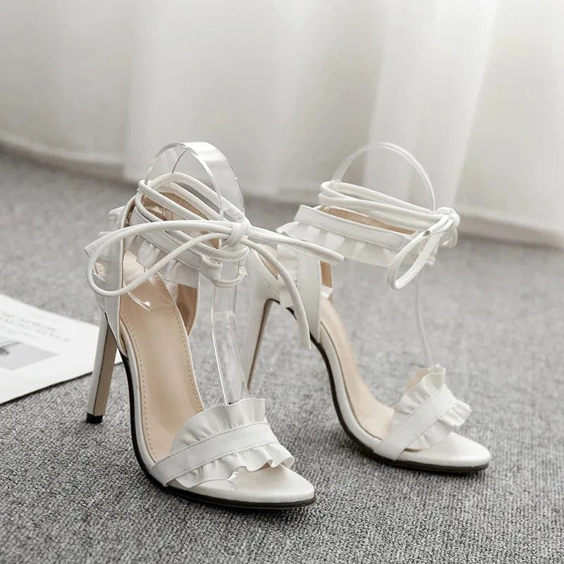 BUSY GIRL Heeled Sandals For Women White Ruffled Edge High Heels for Ladies customized LOGO Lace up Heels Shoes Women sandals