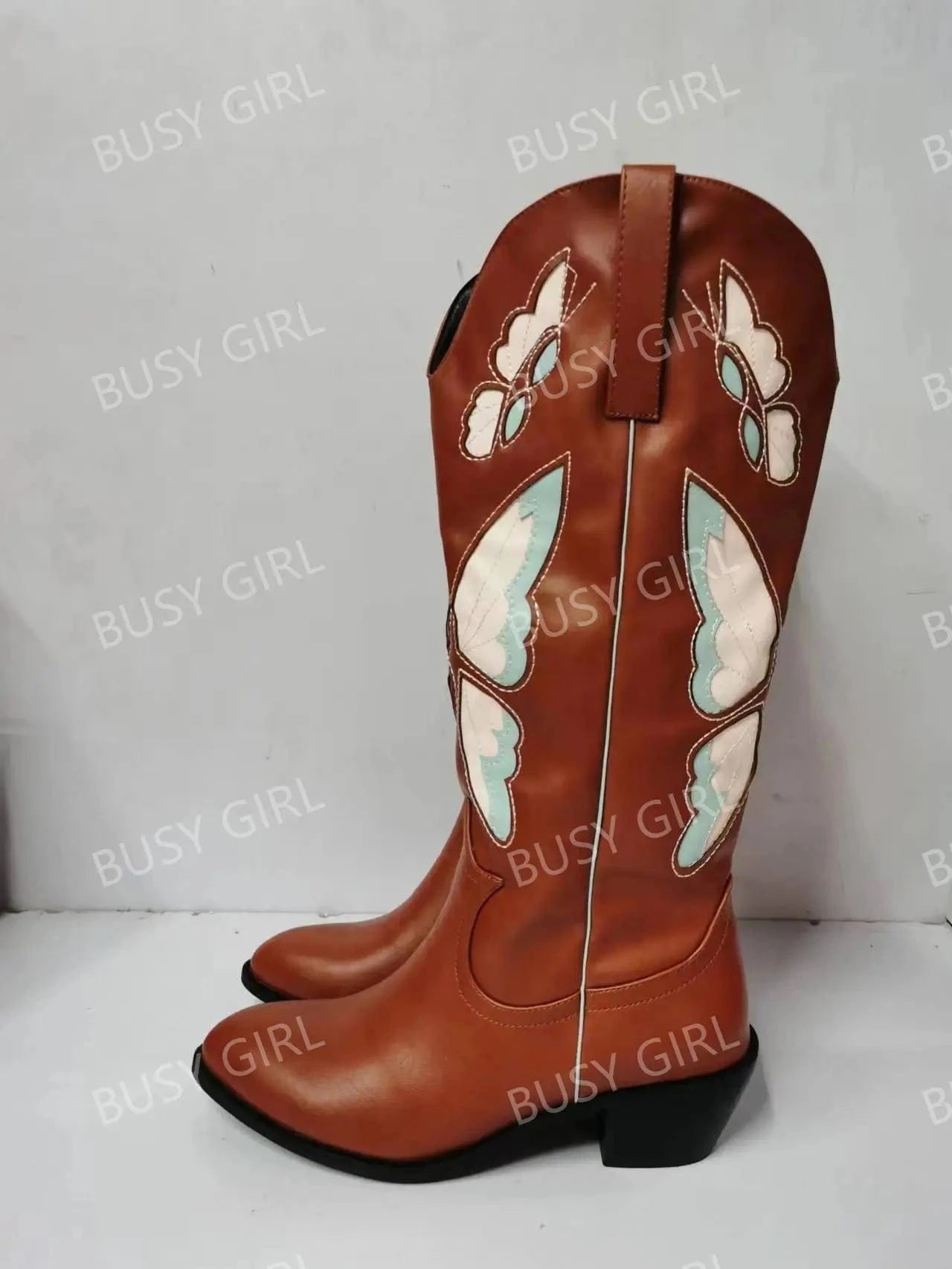 BUSY GIRL KK4031 Butterfly Embroidered Women's Boots Fashion Mid Heels Size 48 Pointed Toe Knee High Cowboy Boots For Wome
