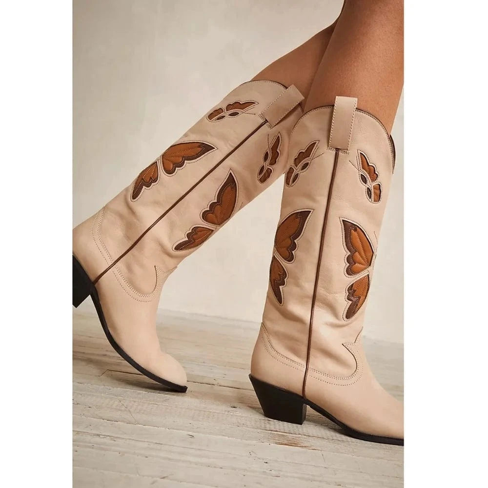 BUSY GIRL KK4031 Butterfly Embroidered Women's Boots Fashion Mid Heels Size 48 Pointed Toe Knee High Cowboy Boots For Wome