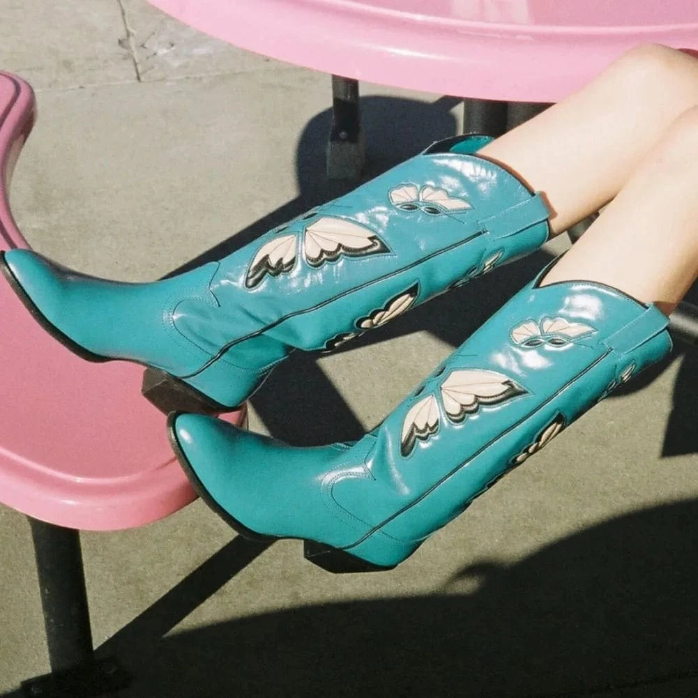 BUSY GIRL KK4031 Butterfly Embroidered Women's Boots Fashion Mid Heels Size 48 Pointed Toe Knee High Cowboy Boots For Wome