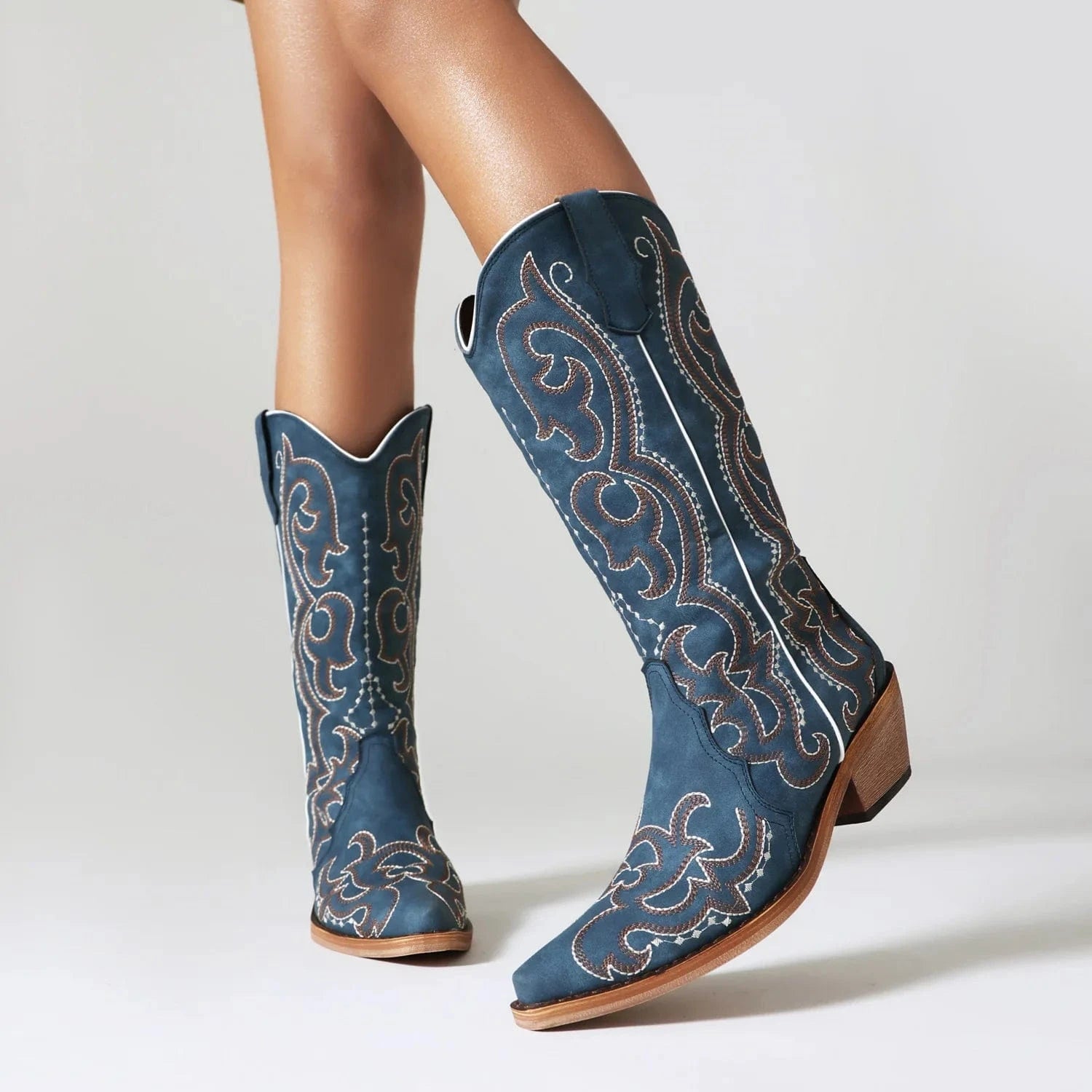 BUSY GIRL KK4961 fashion embroidery trend blue western cowboy boots size 48 thick heels ladies knee high shoes women boots