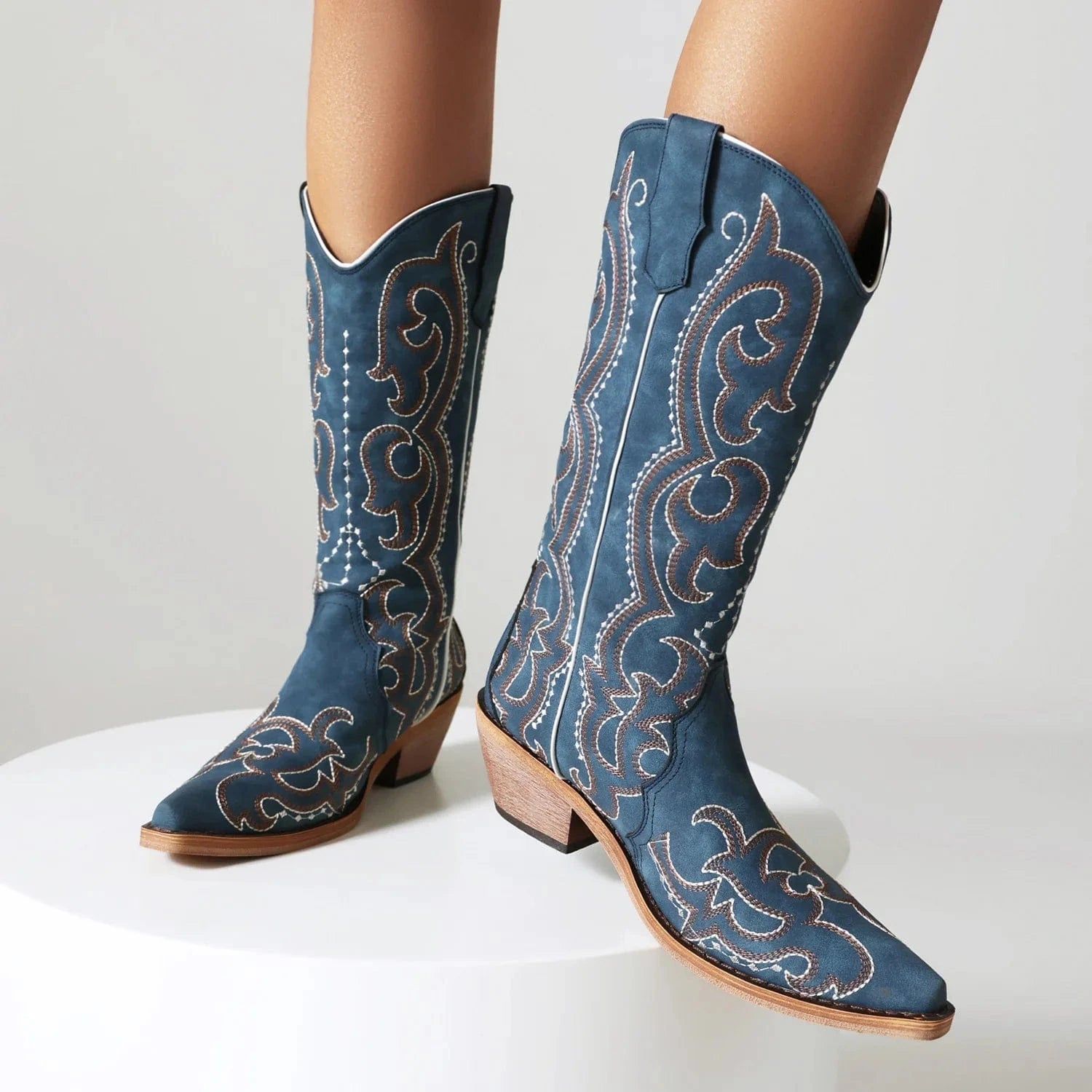 BUSY GIRL KK4961 fashion embroidery trend blue western cowboy boots size 48 thick heels ladies knee high shoes women boots