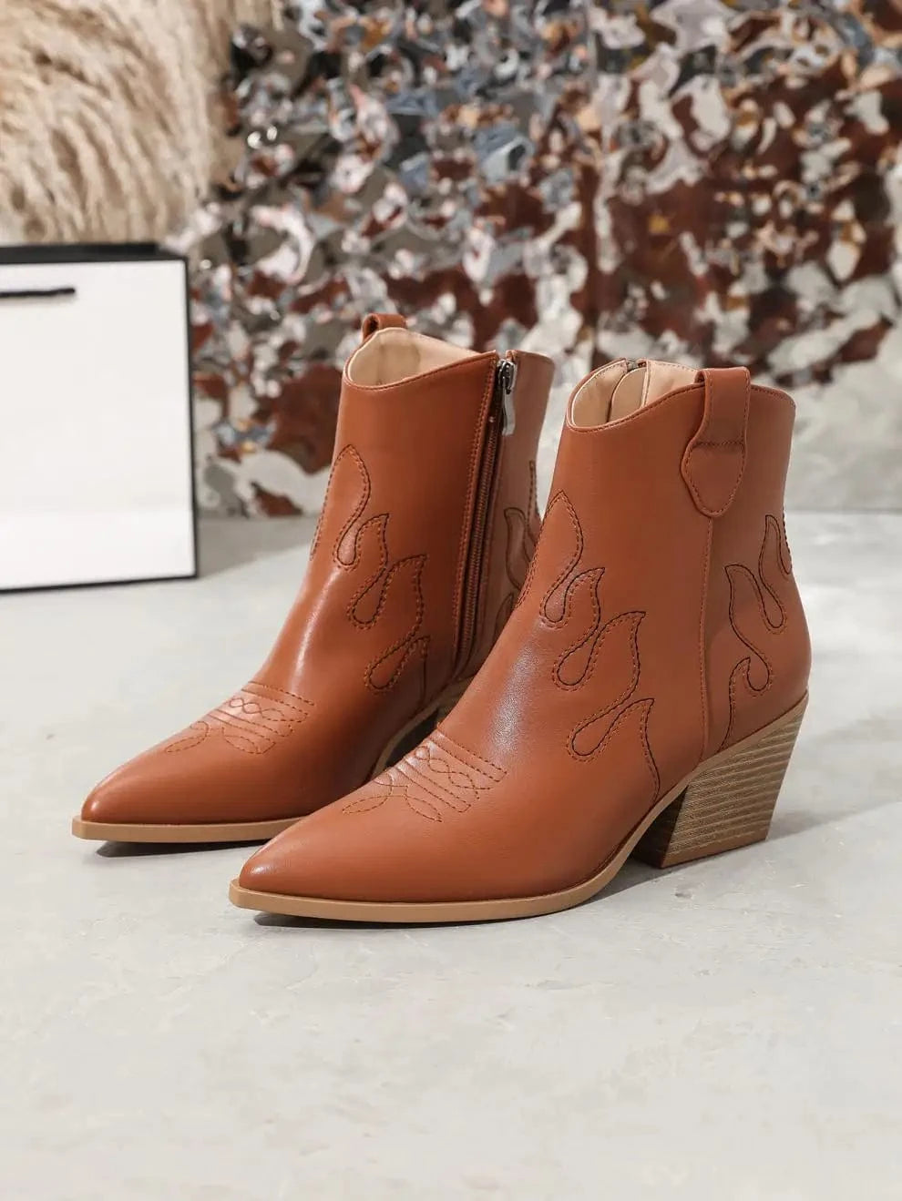 BUSY GIRL LFN4939 brown ankle boots for women fashion embroidered wood pattern zip thick heels for ladies cowboy boots