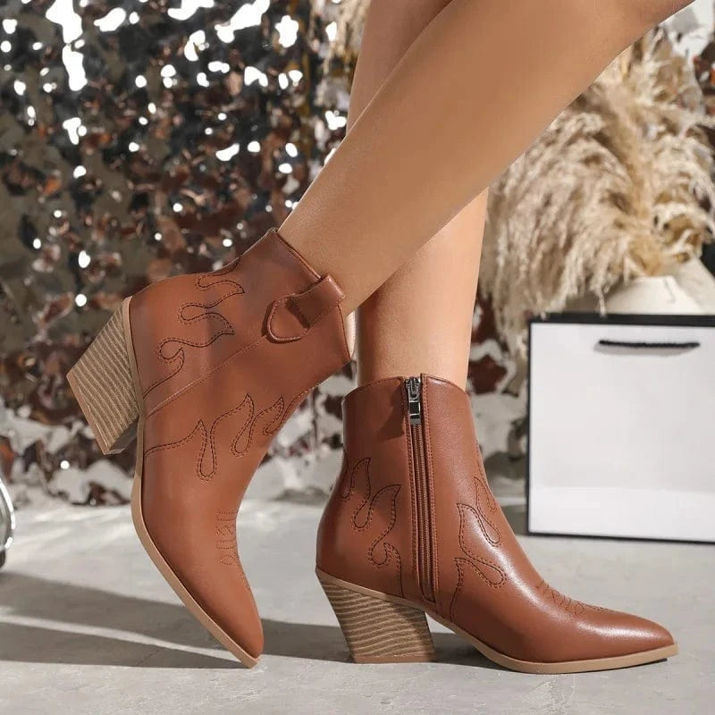 BUSY GIRL LFN4939 brown ankle boots for women fashion embroidered wood pattern zip thick heels for ladies cowboy boots