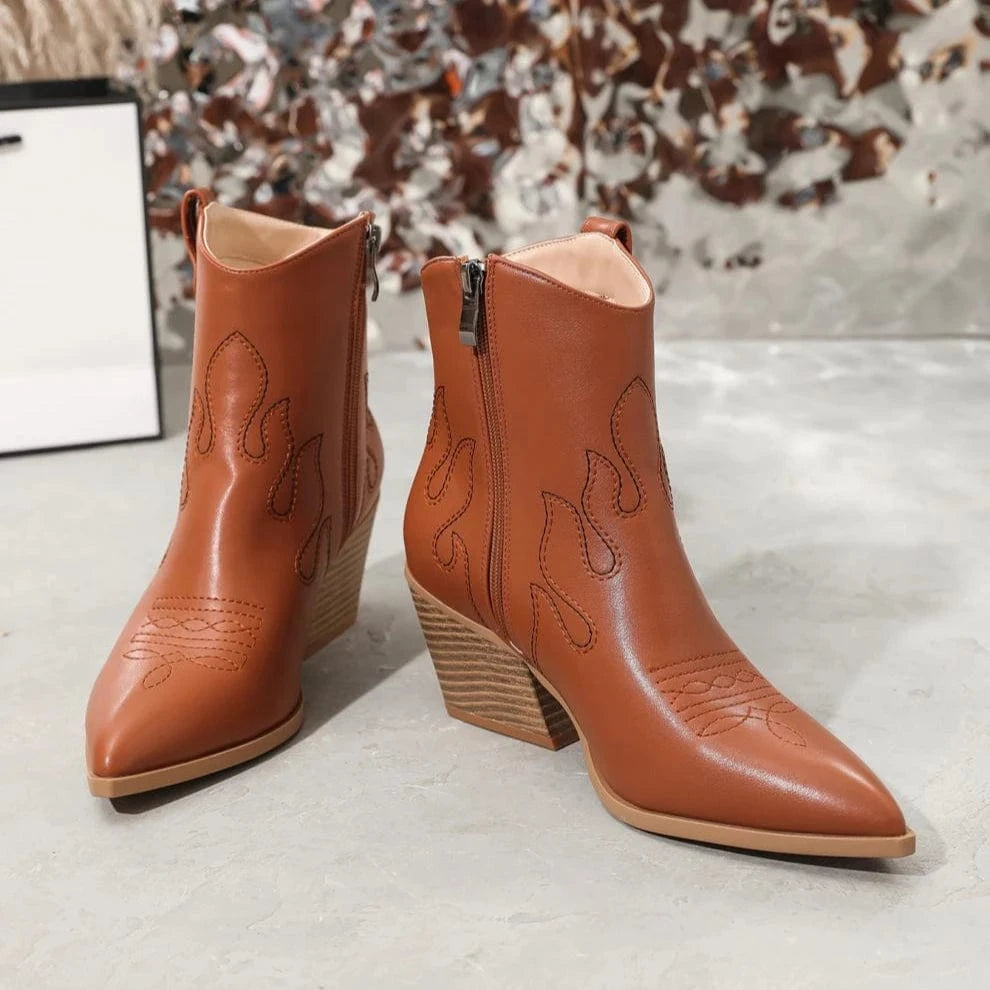 BUSY GIRL LFN4939 brown ankle boots for women fashion embroidered wood pattern zip thick heels for ladies cowboy boots