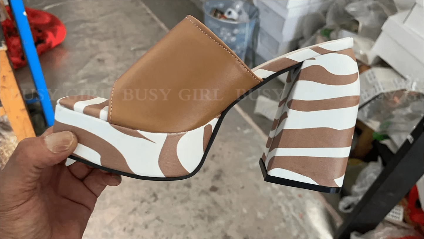 BUSY GIRL LG1087 sandals 2023 square toe thick heels chunky platform mules slippers ladies pink heels shoes for women