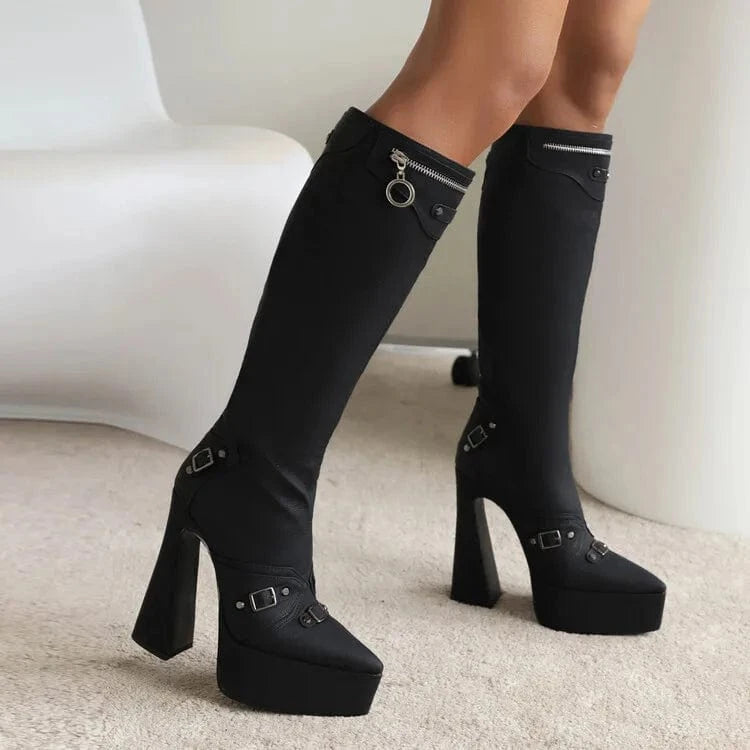 BUSY GIRL MF4112 Knee High Boots for Women Chunky High Heels Platform Fashion Square Buckle Pointed Toe  PU Winter Ladies Shoes