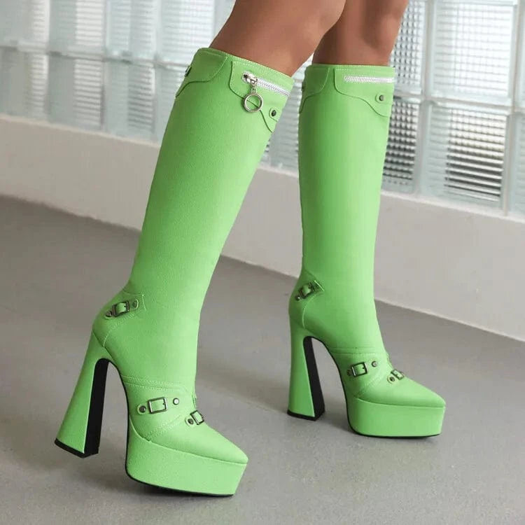 BUSY GIRL MF4112 Knee High Boots for Women Chunky High Heels Platform Fashion Square Buckle Pointed Toe  PU Winter Ladies Shoes