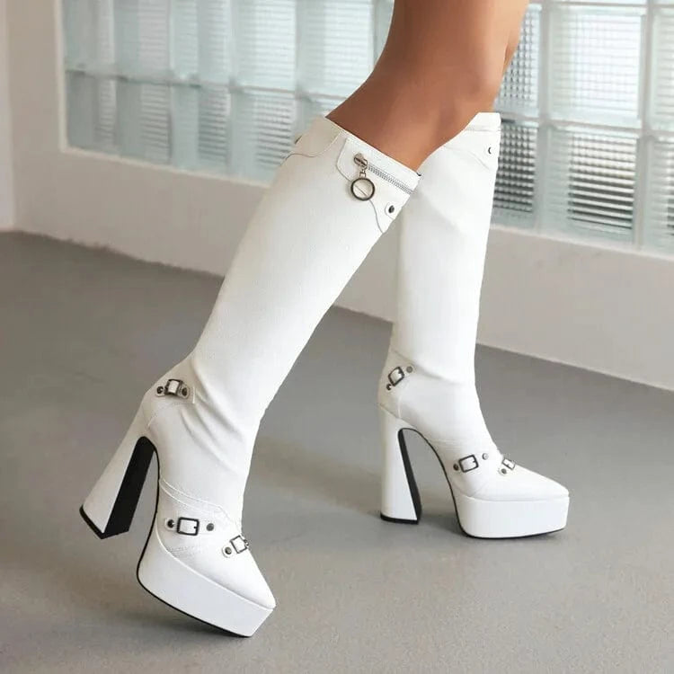 BUSY GIRL MF4112 Knee High Boots for Women Chunky High Heels Platform Fashion Square Buckle Pointed Toe  PU Winter Ladies Shoes