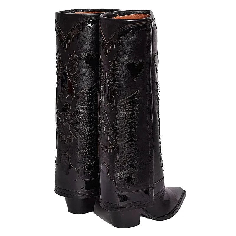 BUSY GIRL MY4318 Wide Leg Boots Women Shoes White Chunky High Heels Knee High Embroidery Boots Fold Over Slip on Long Booties