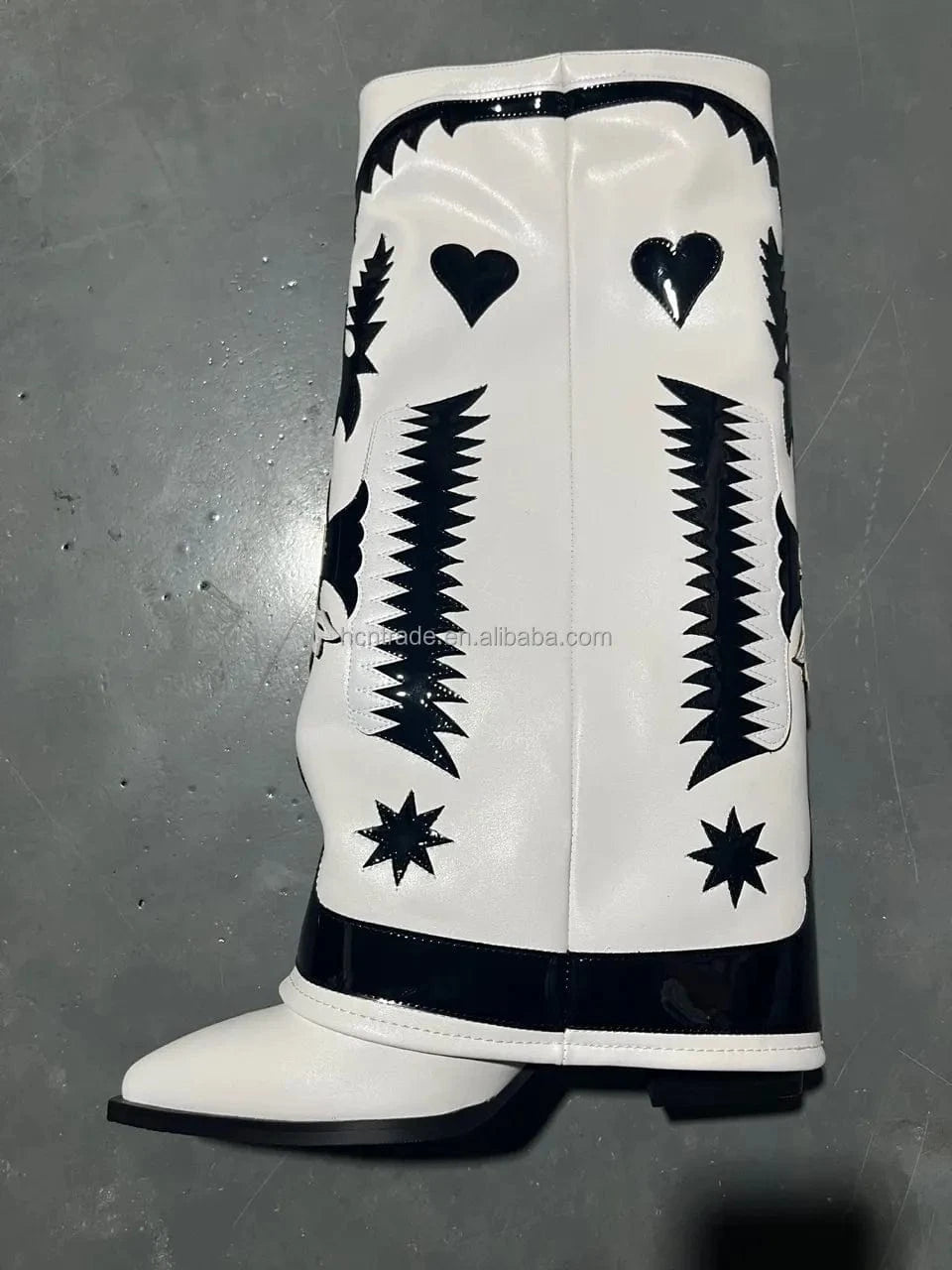 BUSY GIRL MY4318 Wide Leg Boots Women Shoes White Chunky High Heels Knee High Embroidery Boots Fold Over Slip on Long Booties