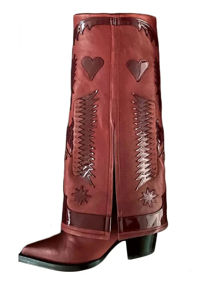 BUSY GIRL MY4318 Wide Leg Boots Women Shoes White Chunky High Heels Knee High Embroidery Boots Fold Over Slip on Long Booties