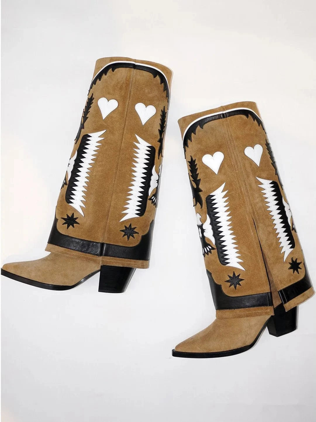 BUSY GIRL MY4318 Wide Leg Boots Women Shoes White Chunky High Heels Knee High Embroidery Boots Fold Over Slip on Long Booties