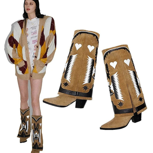 BUSY GIRL MY4318 Wide Leg Boots Women Shoes White Chunky High Heels Knee High Embroidery Boots Fold Over Slip on Long Booties