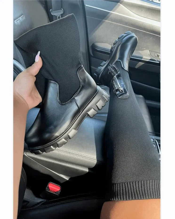 BUSY GIRL over the knee thigh high Women boots 2023 winter black beige stretch knitted flat chunky boots for women ladies