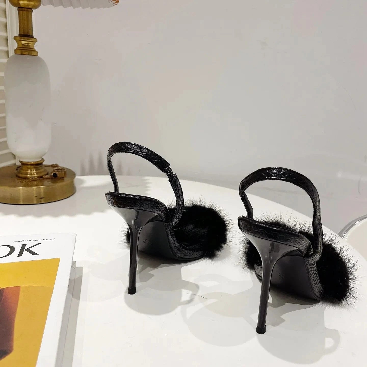 BUSY GIRL SL4339 luxury lady sandals stiletto high heels shoes for women buckle square black fake fur leather sepatu wanita