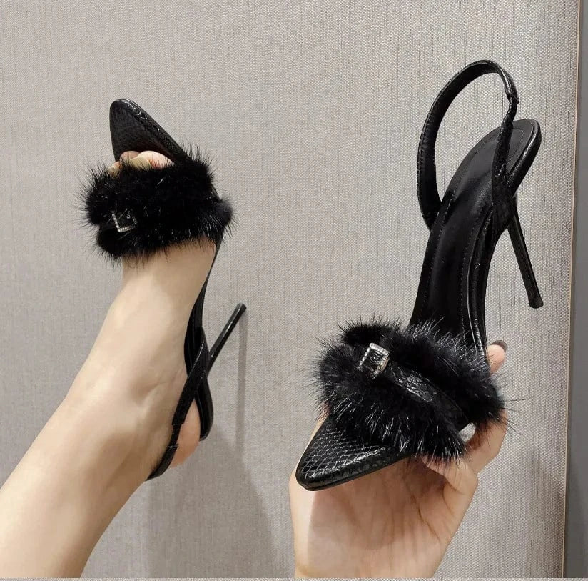 BUSY GIRL SL4339 luxury lady sandals stiletto high heels shoes for women buckle square black fake fur leather sepatu wanita