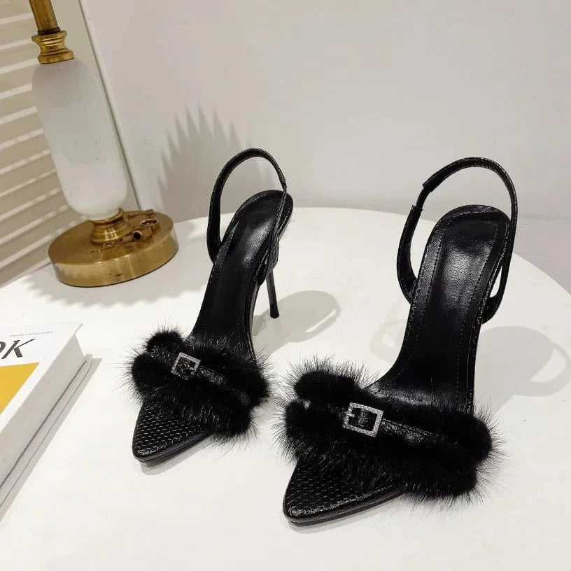 BUSY GIRL SL4339 luxury lady sandals stiletto high heels shoes for women buckle square black fake fur leather sepatu wanita