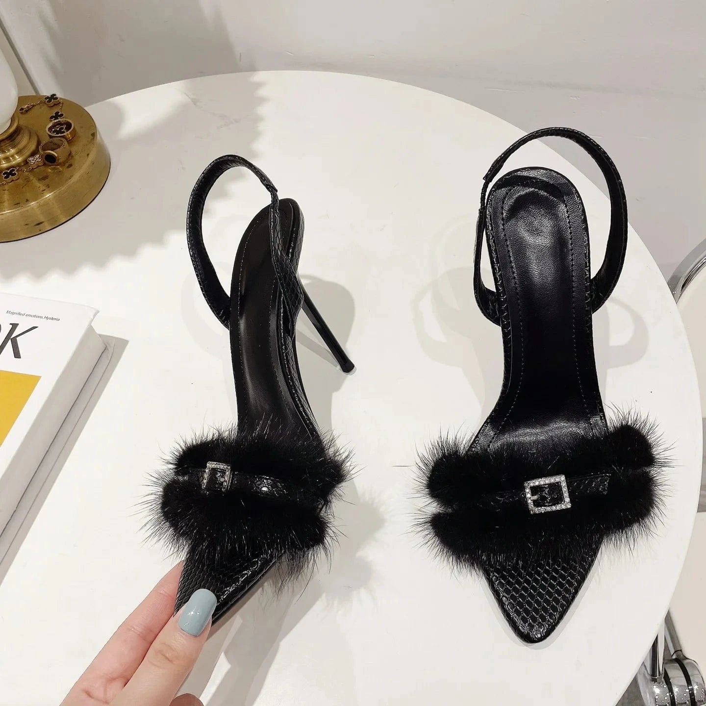 BUSY GIRL SL4339 luxury lady sandals stiletto high heels shoes for women buckle square black fake fur leather sepatu wanita