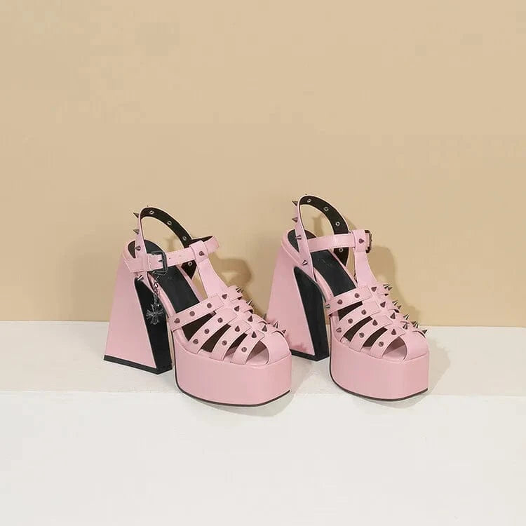 BUSY GIRL SL4935 pink white rivet women sandals chaussures pour femmes gothic shoes thick heels for ladies platform sandals
